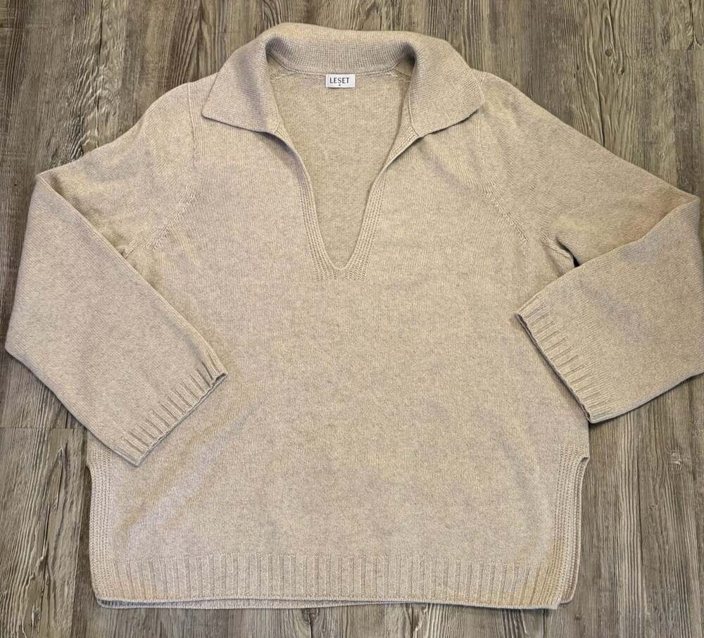 LESET Cashmere Lambswool Polo Sweater Beige Size M